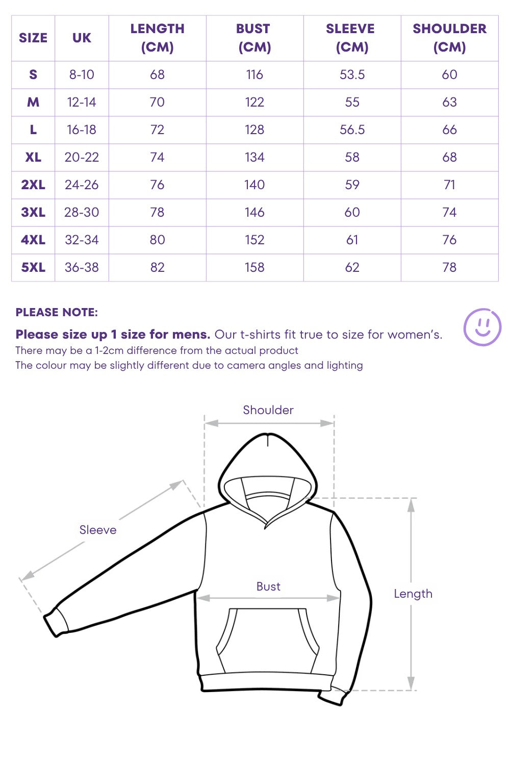 Original hoodie size chart